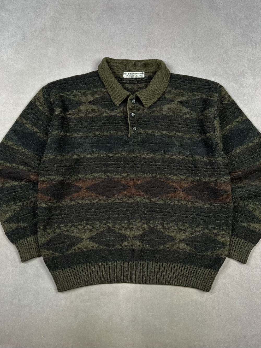 Men's Knit Olive & Dark Patterned Polo Sweater